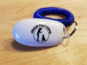 A white dog clicker used to mark desired behaviors.